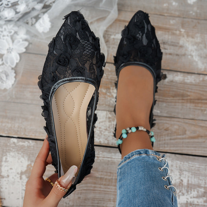 Women's Lace Ballet Flats with Floral Appliqué