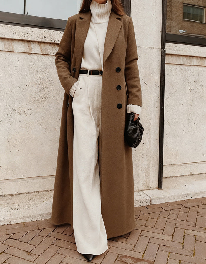 Women's Double-Breasted Maxi Coat with Notched Lapels