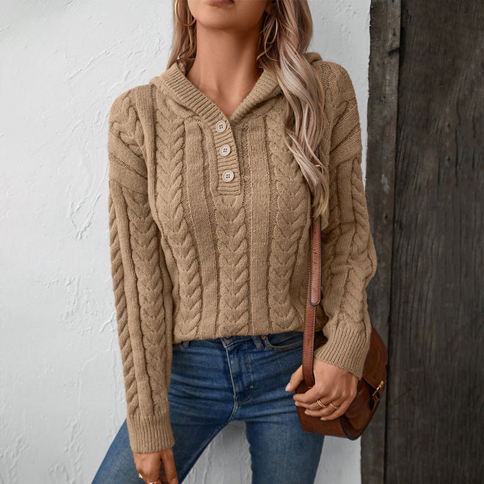 Women's Cable Knit Hooded Pullover with Button Detail