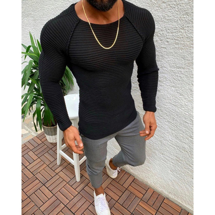 Men's Long Sleeve Ribbed Texture Shirt Round Neck Slim Fit