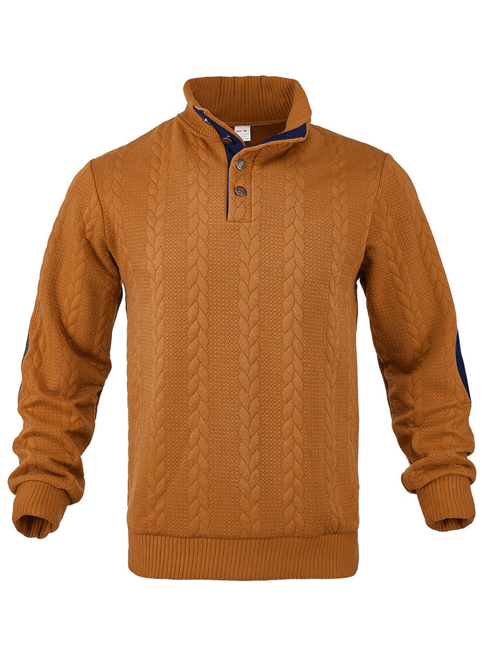 Men's Cable-Knit Pullover Stand-Up Collar Button Placket