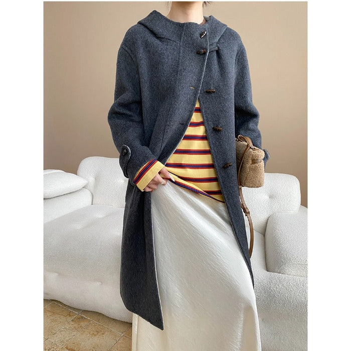 Women's Hooded Longline Coat with Toggle Buttons