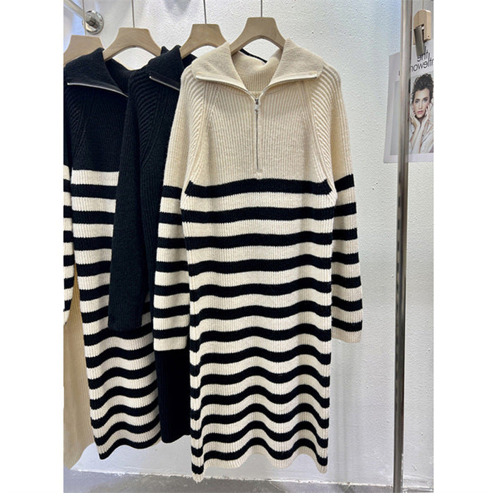 Women's Striped Turtleneck Sweater Dress with Zipper