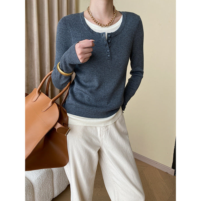 Women's Ribbed Henley Pullover with Button Front and Long Sleeves