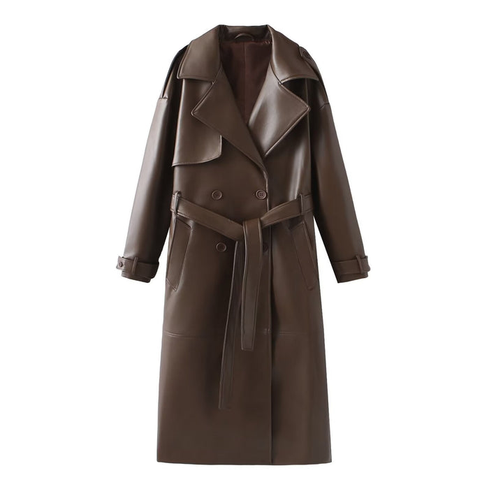 Women's Belted Faux Leather Trench Coat with Notch Lapel
