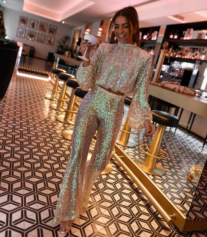 Women's Sequin Crop Top High-Waist Pants Set for Party