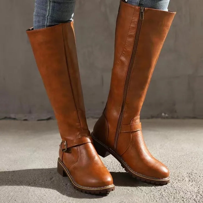Women's Knee-High Boots with Buckle Strap Detail