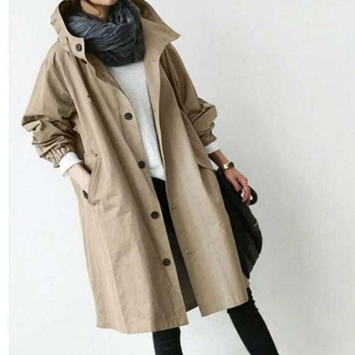 Women's Hooded Trench Coat with Button Front and Elastic Cuffs