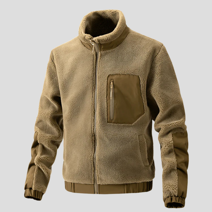 Men's Outdoor Fleece Jacket with Stand Collar and Zip Pockets