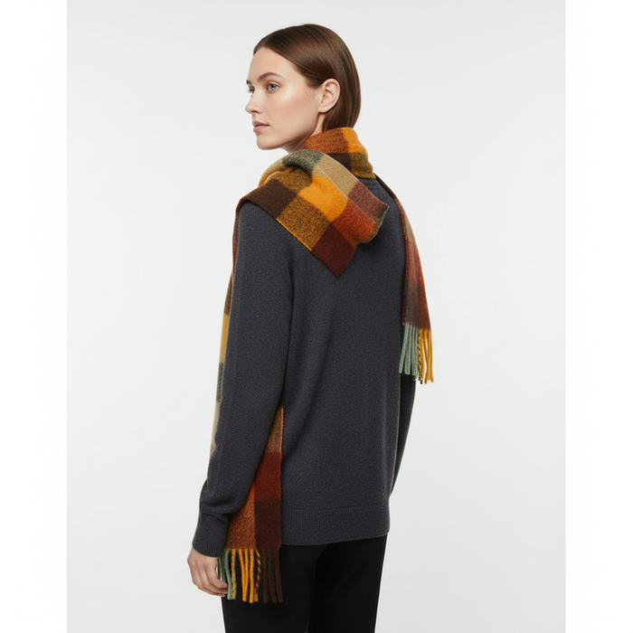 Women's Multicolour Check Scarf with Fringe Detail