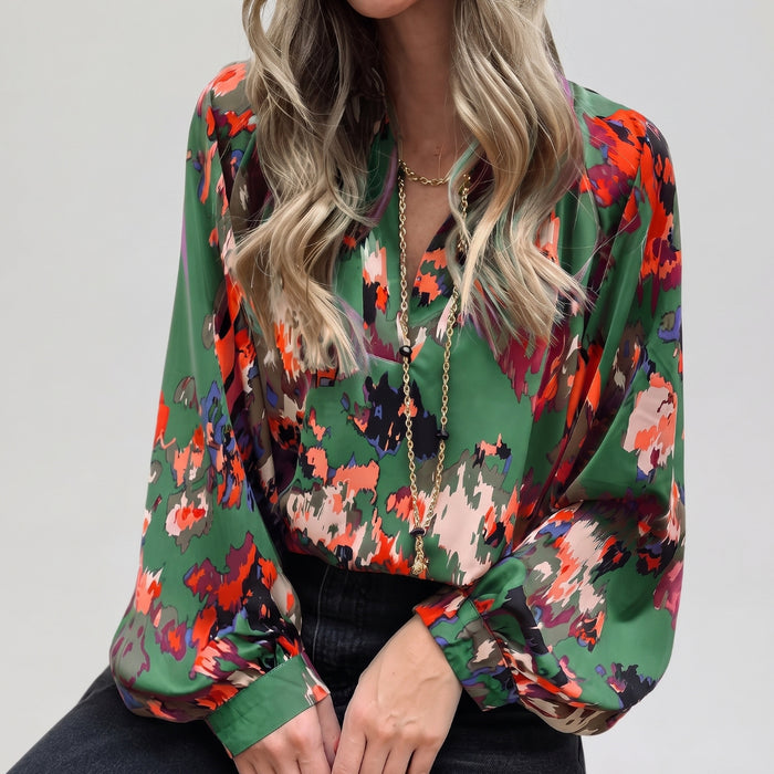 Women’s Abstract Print V-Neck Blouse – Long Sleeve Collared Woven Polyester Top
