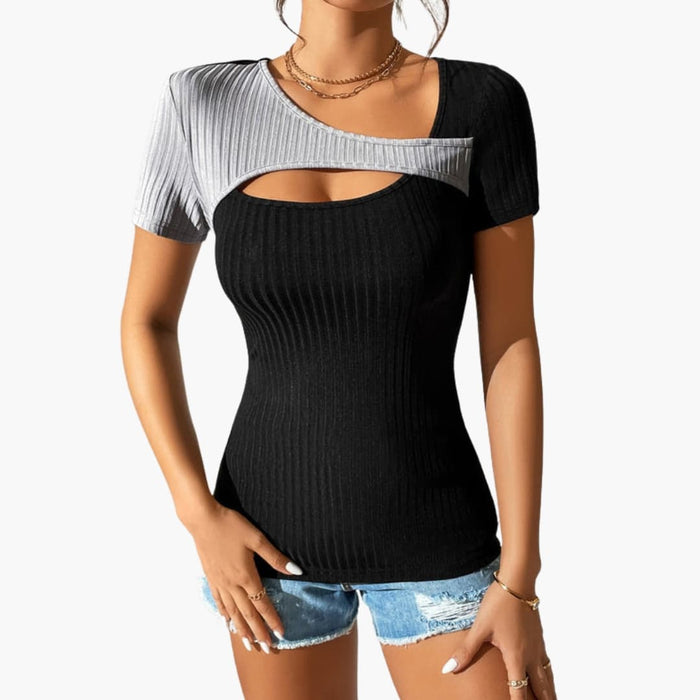 Women’s Asymmetrical Neck Contrast Panel Short Sleeve T-Shirt