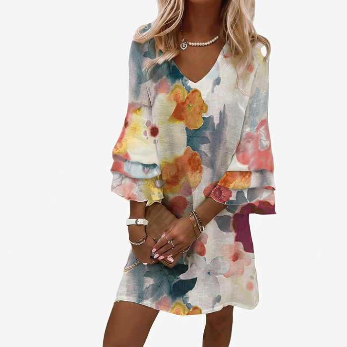 Women’s Boho Printed Shift Mini Dress with Flared Sleeves