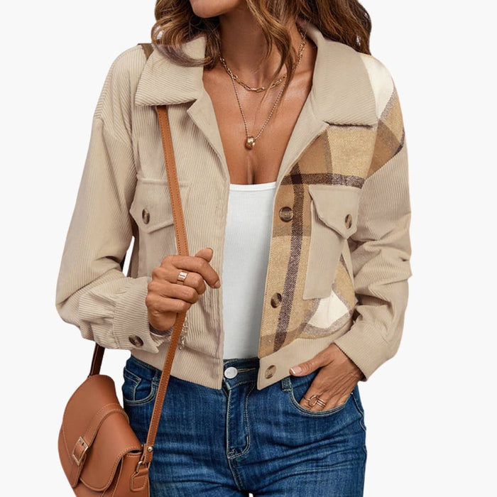 Women’s Bomber Jacket with Button Placket and Checkered Surface