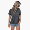 Women’s Crew Neck Wooden Button Accent Short Sleeve T-Shirt