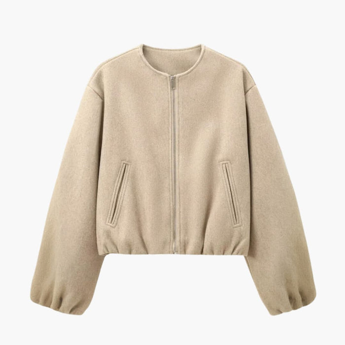 Women’s Cropped Bomber Jacket with Balloon Sleeves and Zip
