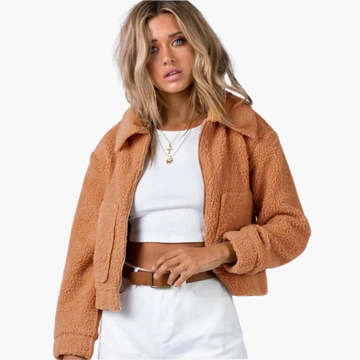 Women’s Cropped Bomber Jacket with Fleece Surface and Zip Front