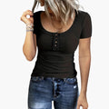 Women’s Cropped Ribbed Crew Neck Short Sleeve T-Shirt with Buttons