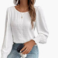 Women’s Embroidered Crew Neck Blouse – Long Sleeve Loose Fit Woven Top with Elastic Cuffs