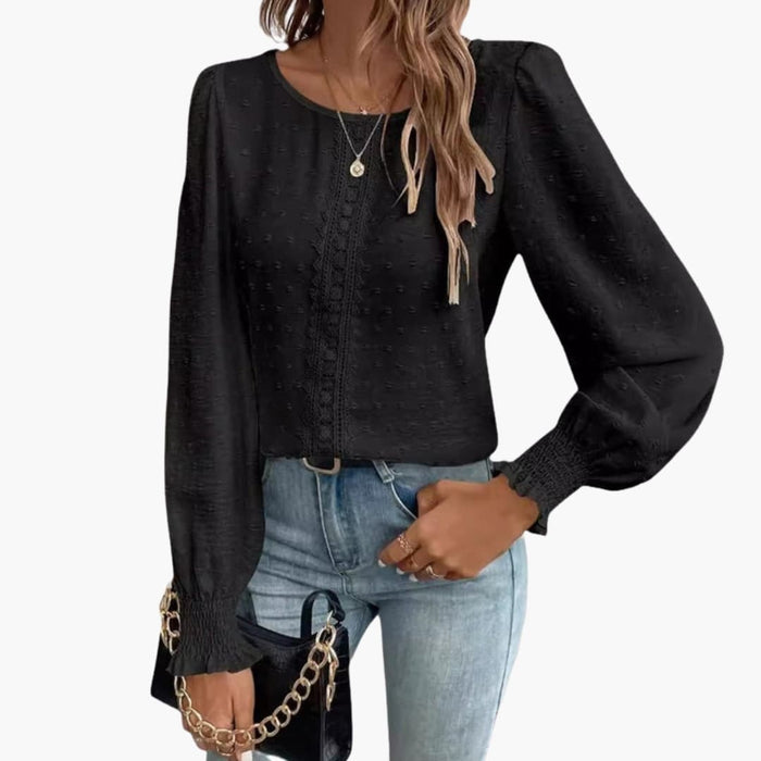 Women’s Embroidered Crew Neck Blouse – Long Sleeve Loose Fit Woven Top with Elastic Cuffs