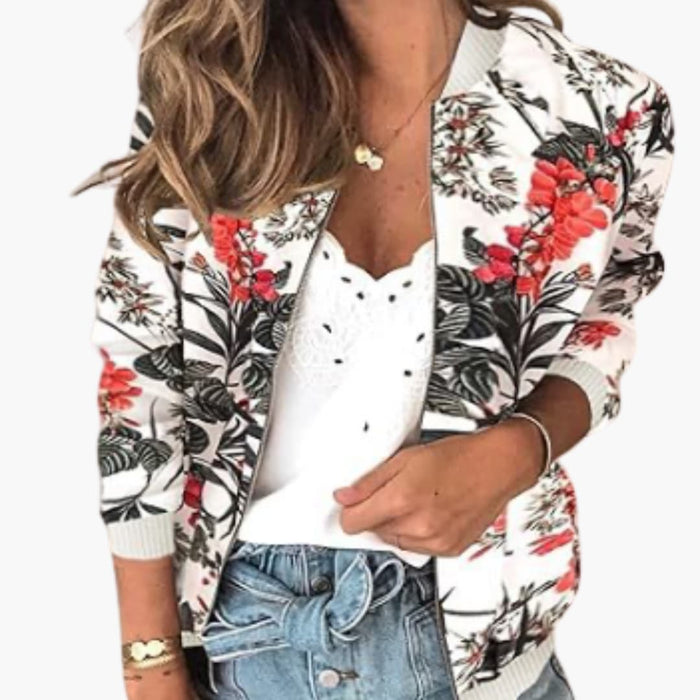 Women’s Floral Bomber Jacket with Front Zip and Side Pockets