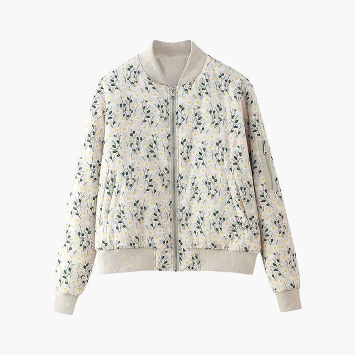Women’s Floral Pattern Bomber Jacket with High Collar and Elastic Cuffs