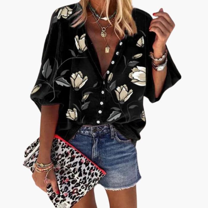 Women’s Floral Print Round Neck Blouse – Woven Top