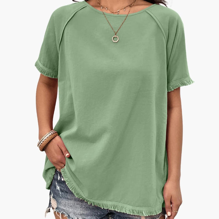 Women’s Fringe Sleeve Crew Neck T-Shirt – Short Sleeve Top