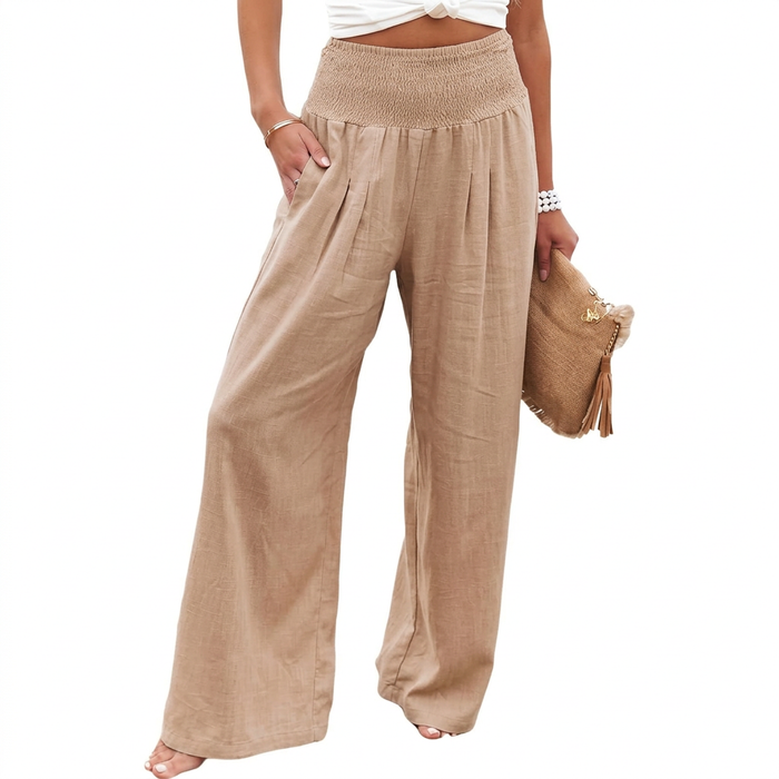 Women’s High-Waisted Wide-Leg Pants with Smocked Waist and Pockets
