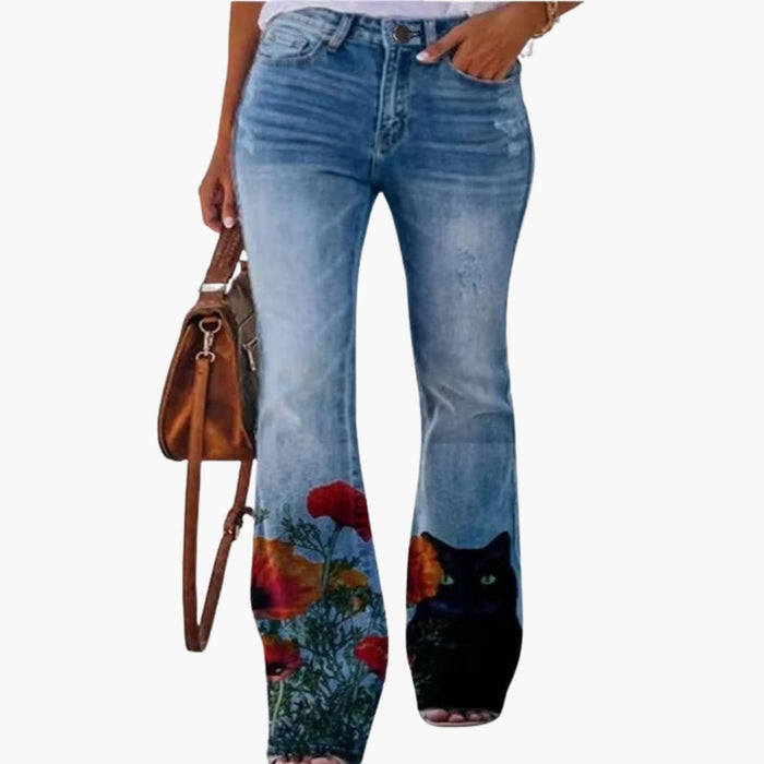 Women’s Jeans with Printed Legs and Button Closure