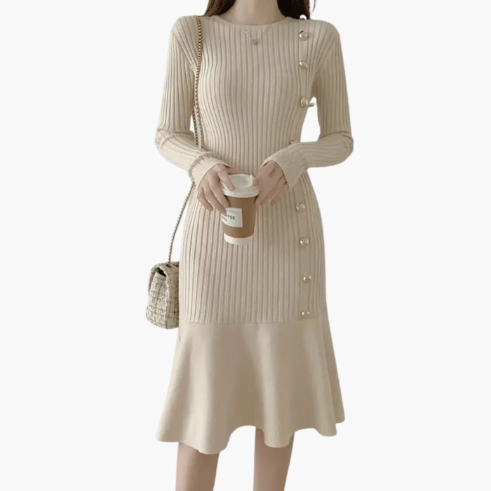 Women's Knit Dress with Side Buttons and Ribbed Texture