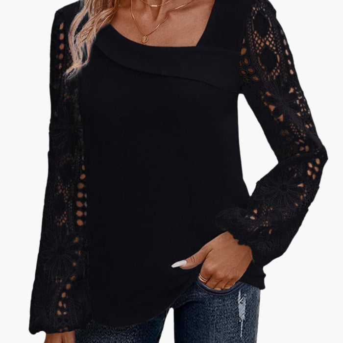 Women’s Lace Trim Crew Neck Blouse – Long Sleeve Cutout Detail Woven Top