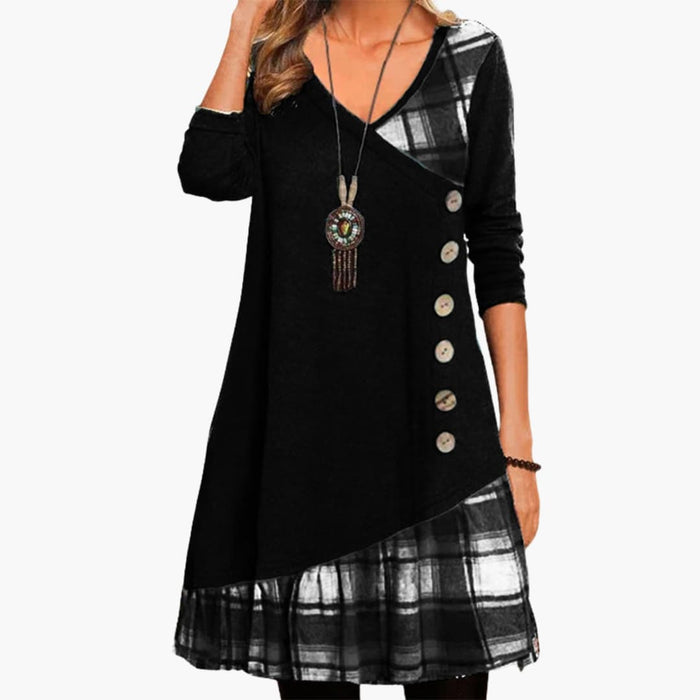 Women’s Long Sleeve Checkered Dress with A - Line Skirt