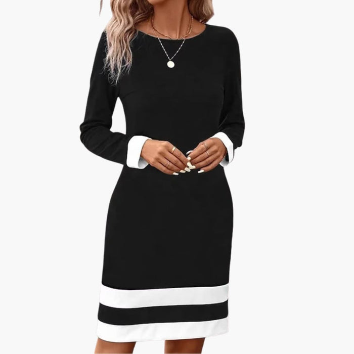 Women’s Long Sleeve Dress with Round Neck and Contrast Cuffs