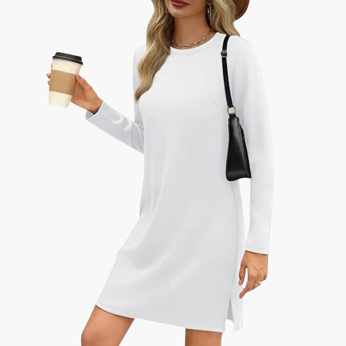 Women’s Long Sleeve Mini Dress with Round Neck and Straight Hem