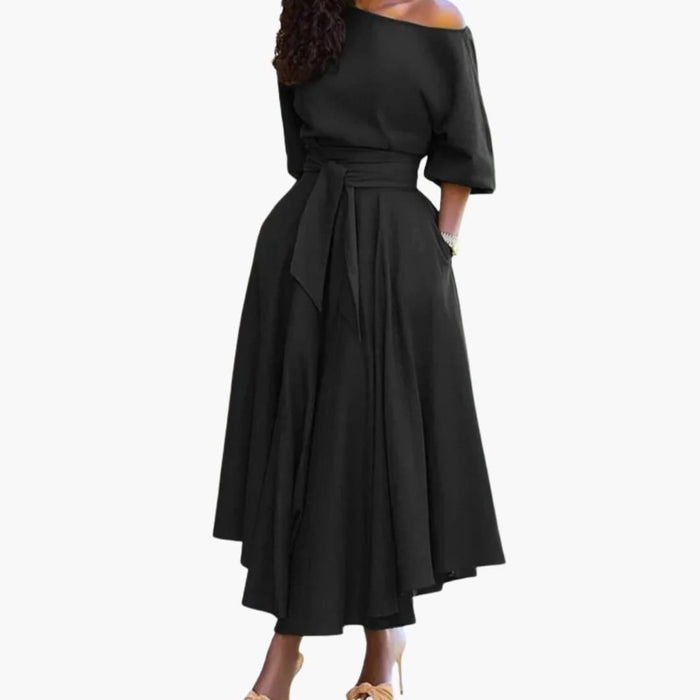 Women’s Midi Dress with Off-the-Shoulder Neckline and Lantern Sleeves