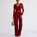 Women’s Off-Shoulder Floral Lace Wide-Leg Jumpsuit with Tie Waist Belt