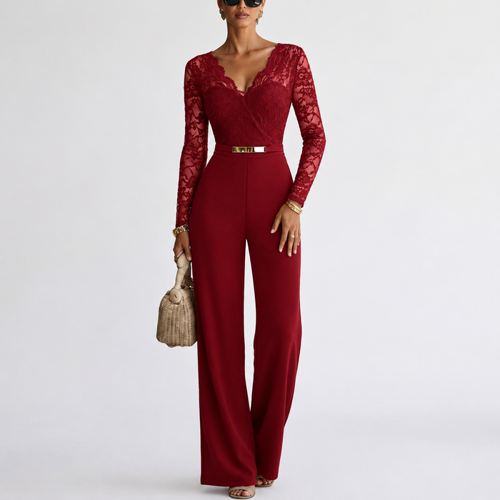 Women’s Off-Shoulder Floral Lace Wide-Leg Jumpsuit with Tie Waist Belt