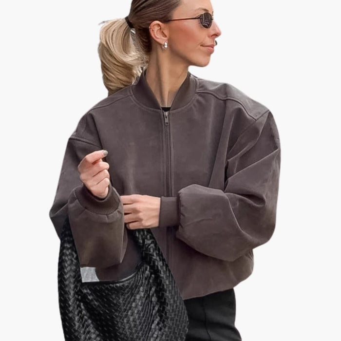 Women’s Oversized Bomber Jacket with Stand Collar and Voluminous Sleeves