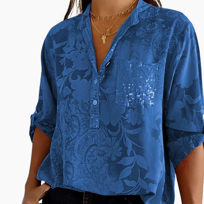 Women’s Printed Stand Collar Button-Down Blouse – Short Sleeve Pocket Shirt