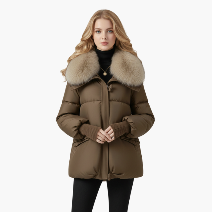Women’s Puffer Jacket with Faux Fur Collar and Ribbed Cuffs