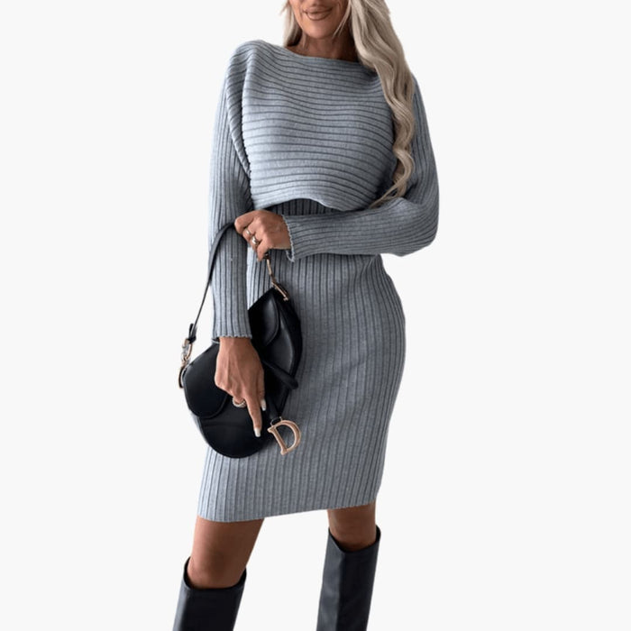 Women’s Ribbed Knit Dress with Long Sleeves and Round Neck
