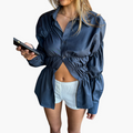 Women’s Ruffle Front Blouse – Long Sleeve Plain Woven Top