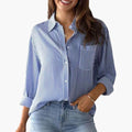 Women’s Striped Button-Down Shirt Blouse – Collared Roll-Tab Long Sleeve Cotton Top