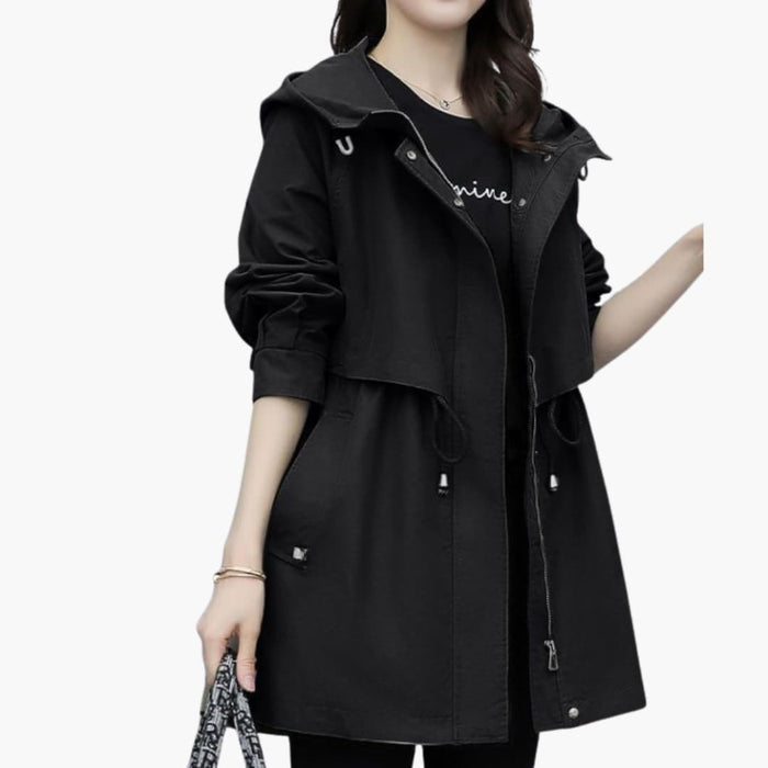 Women’s Trench Coat with Hood and Drawstring Waist