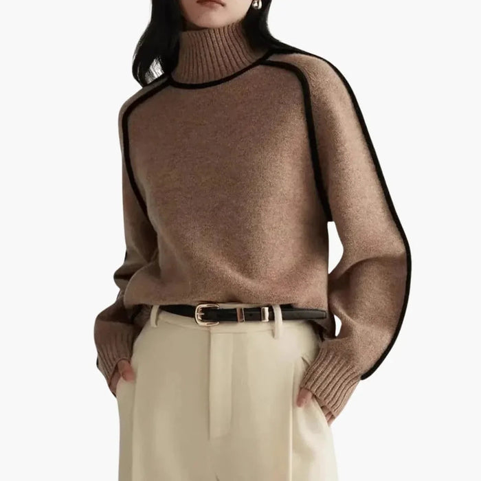 Women’s Turtleneck Sweater with Ribbed Collar and Contrast Trim
