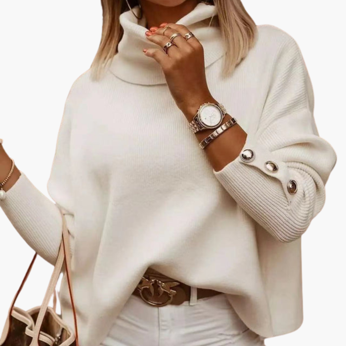 Women’s Turtleneck Sweater with Decorative Sleeve Buttons and Long Sleeves