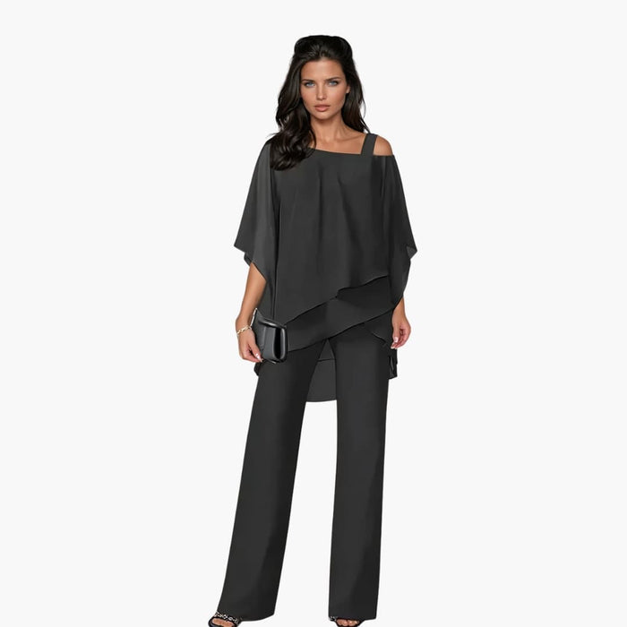 Women’s Two-Piece Outfit Asymmetrical Layered Top and Wide Leg Pants Set