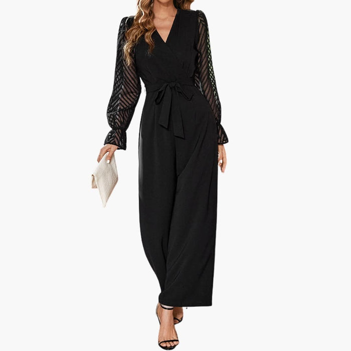 Women’s V-Neck Jumpsuit with Sheer Sleeves and Belt – Knee-Length One-Piece