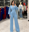 Women's V-Neck Jumpsuit with Pleated Sleeves and Buckle Waist